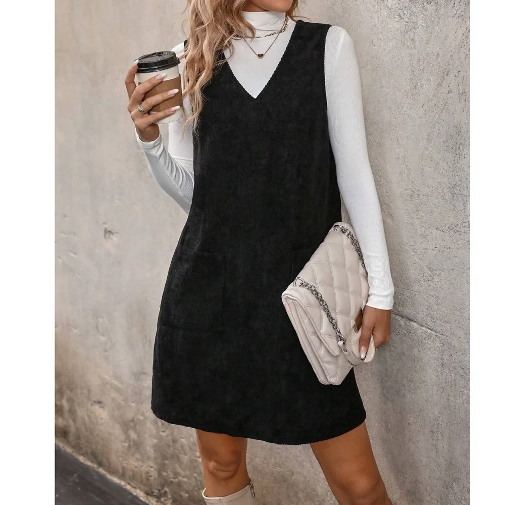 Solid Corduroy Pockets V neck Mini Dress - Picture 5 of 8
